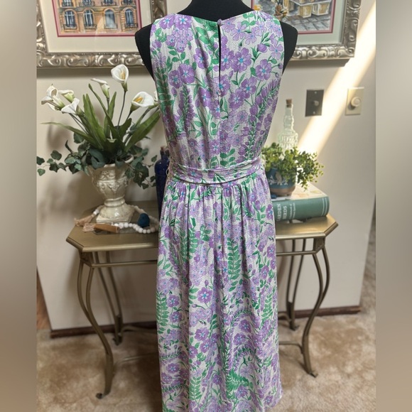 TALBOTS FLORAL PRINT FIT & FLARE SLEEVELESS SUMMER BOW SASH MIDI DRESS SZ 8 - Picture 4 of 11